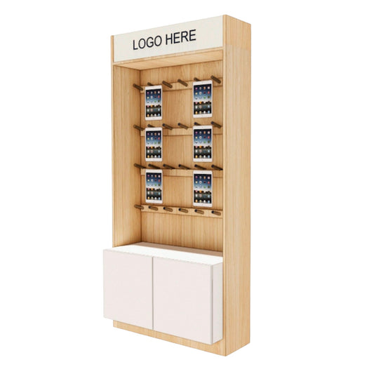 Wandregal mit Haken & CNC-Schienen – 100 cm | Holz & Weiß | Präsentationssystem für Handy, Tablets & Zubehör