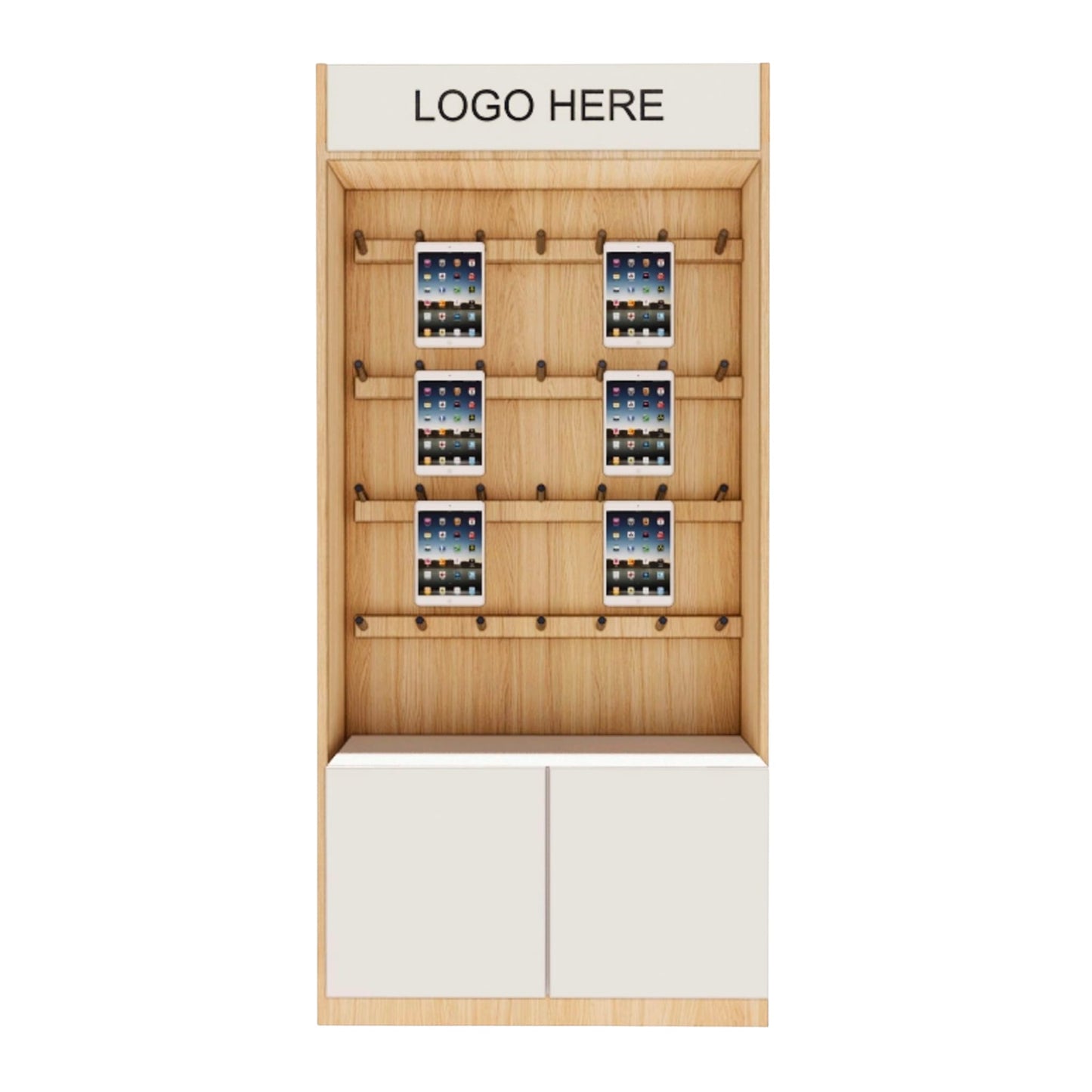 Wandregal mit Haken & CNC-Schienen – 100 cm | Holz & Weiß | Präsentationssystem für Handy, Tablets & Zubehör